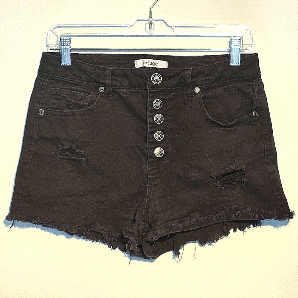 Refuge Brand Distressed High Rise Buttonfly Black Denim Shorts, Sz 10, 3" Inseam
